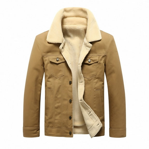 ZCFZJW Men Thicked Warm Coat Winter Casual Long Sleeve Button Up Sherpa Fleece Lined Jacket Plush Warm Outwear with Pockets Khaki XXL