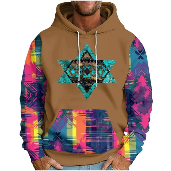 ZCFZJW Men Vintage Aztec Tribal Pullover Hoodie Western Ethnic Graphic Hooded Sweatshirts Long Sleeve Patchwork Pullover Tops with Pocket Khaki M