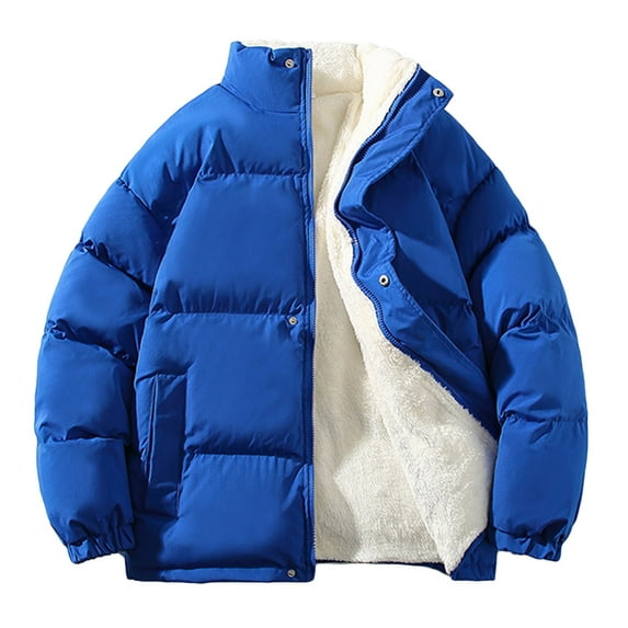 ZCFZJW Men Winter Warm Puffer Jacket Casual Solid Stand Collar Zipper Windproof Keep Warm Long Sleeve Sherps Fleece Lined Coats with Pockets Blue L