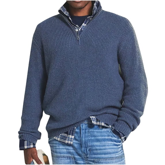 ZCFZJW Men's 1/4 Zip Turtleneck Sweater, Soft Ribbed Knitted Pullover with High Collar, Loose Fit Long Sleeve Casual Knit Sweatshirt Blue XL