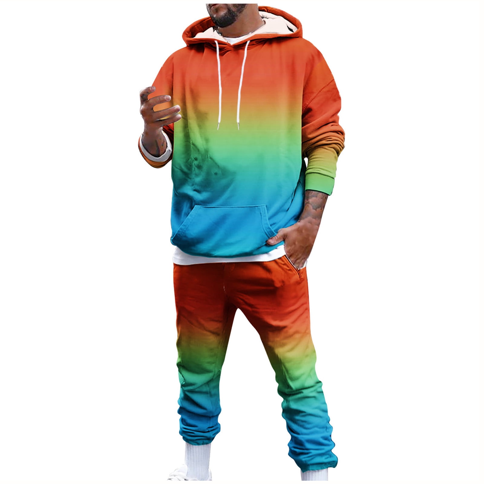 ZCFZJW Men s 2 Piece Hoodie Tracksuit Set Casual Ombre Tie Dye Print Jogging Activewear Long Sleeve Drawstring Hooded Pullover Hoodies with Loose