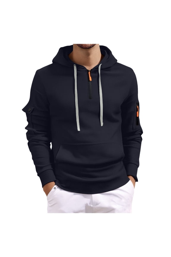 Men's Athletic Cargo Sweatshirt Lightweight Quarter Zip Tactical Hoodies for Men Loose Regular Fit Casual Pullover Tops with Multiple Pockets Navy M