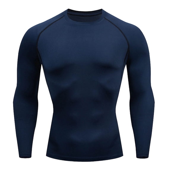 ZCFZJW Men's Athletic Shirts Long Sleeve Quick Dry Summer Slim Fit Basic Solid Color Running T-Shirt Workout Sports Gym Base Layer Tees Tops Navy L