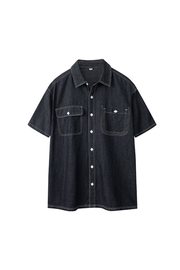 Men's Basic Denim Shirts Casual Summer Short Sleeve Button Down Shirt Two Pockets Classic Jean Shirts Black L