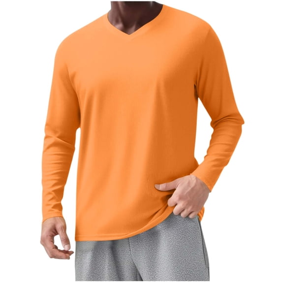 ZCFZJW Men's Big and Tall Shirts Cotton V Neck Basic Solid Color Long Sleeve Tops Loose Fit Casual Overszied Spring Summer Soft Basic Tee Shirt Orange XXXL