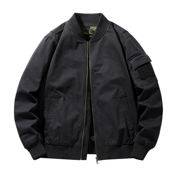 ZCFZJW Men's Bomber Jacket Casual Stylish Lightweight Long Sleeve Full Zip up Windbreaker Spring Fall Autumn Fashion Jackets with Multi-Pockets Black L