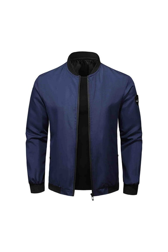 Men's Bomber Jacket Lightweight Casual Solid Color Spring Fall Windbreaker Zip Up Long Sleeve Thin Coat Outwear with Pocket Blue XL