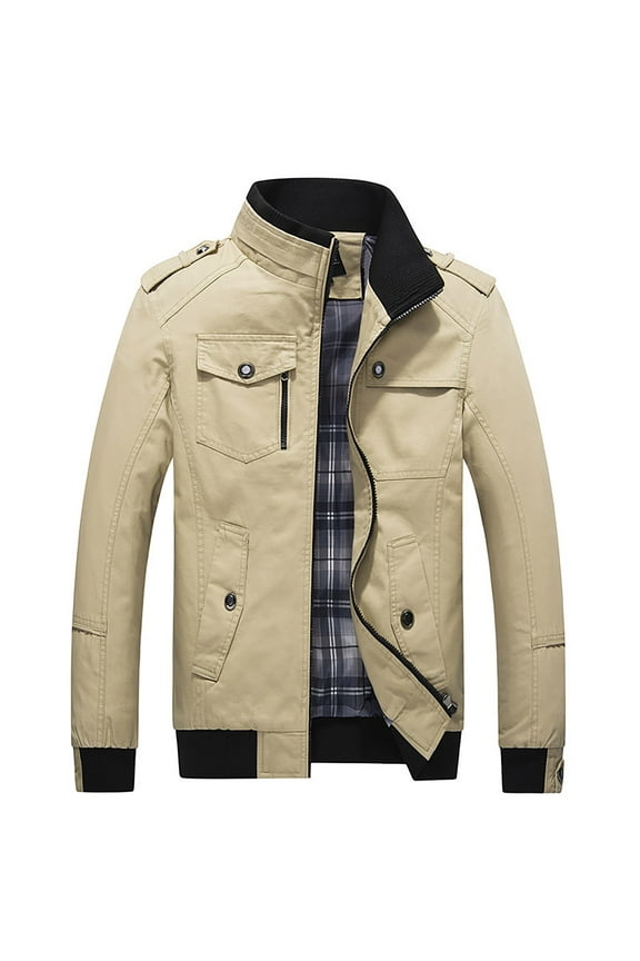 Men's Bomber Quilted Jackets Lightweight Windbreaker Full Zip up Cargo Jacket Casual Fall Winter Coat Outerwear Sportswear with Pockets Khaki XL