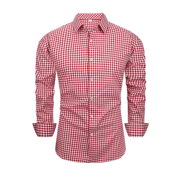 ZCFZJW Men's Button Down Shirts Long Sleeve Dress Shirt Business Casual Cotton Collared Plaid Work Tops with Pocket Red XL