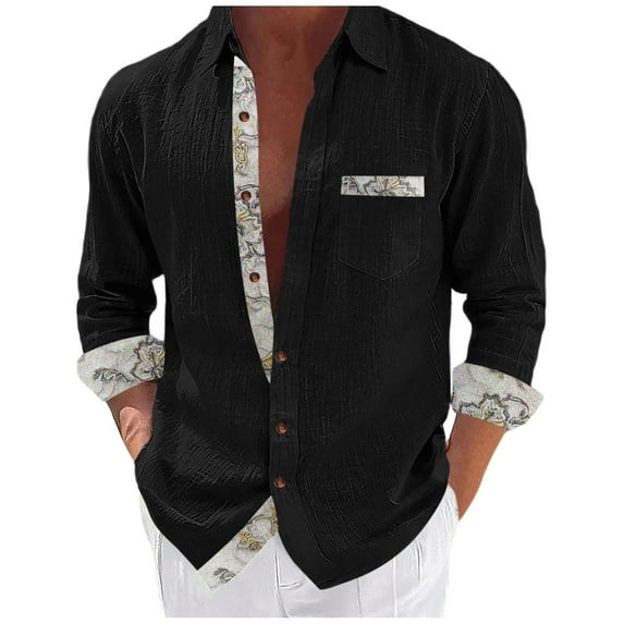 ZCFZJW Men's Button Down Dress Shirts Vintage Floral Patchwork Long Sleeve Casual Shirts Holiday Beach Hawaiian Shirts Vacation Wedding Shirts with Pocket Black#07 S
