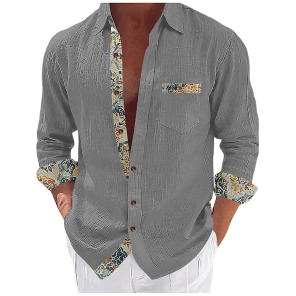 ZCFZJW Men's Button Down Dress Shirts Vintage Floral Patchwork Long Sleeve Casual Shirts Holiday Beach Hawaiian Shirts Vacation Wedding Shirts with Pocket Gray#01 XXXL