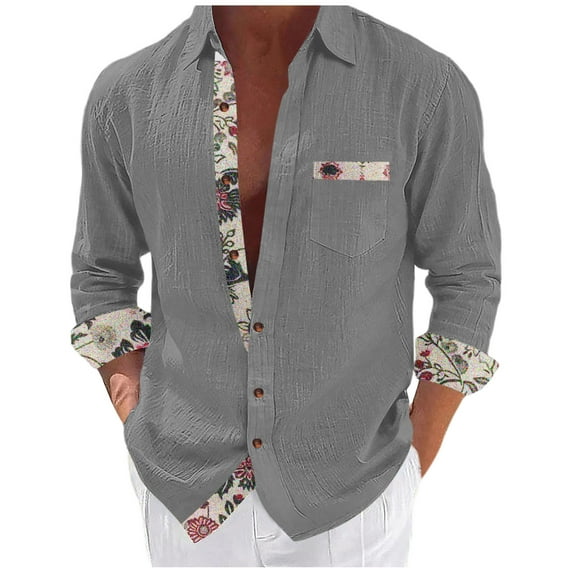ZCFZJW Men's Button Down Dress Shirts Vintage Floral Patchwork Long Sleeve Casual Shirts Holiday Beach Hawaiian Shirts Vacation Wedding Shirts with Pocket Gray#06 XXL