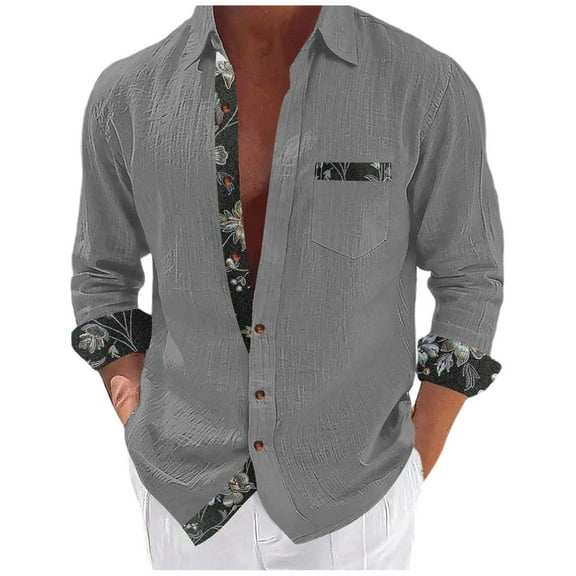 ZCFZJW Men's Button Down Dress Shirts Vintage Floral Patchwork Long Sleeve Casual Shirts Holiday Beach Hawaiian Shirts Vacation Wedding Shirts with Pocket Gray#02 XXL