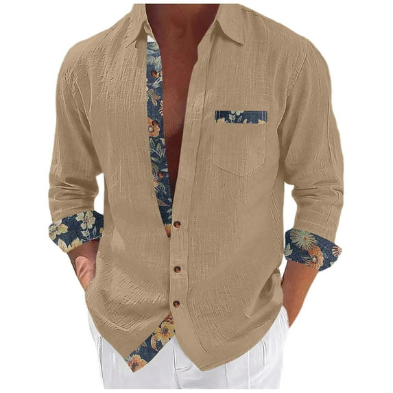 ZCFZJW Men's Button Down Dress Shirts Vintage Floral Patchwork Long Sleeve Casual Shirts Holiday Beach Hawaiian Shirts Vacation Wedding Shirts with Pocket Khaki#05 M
