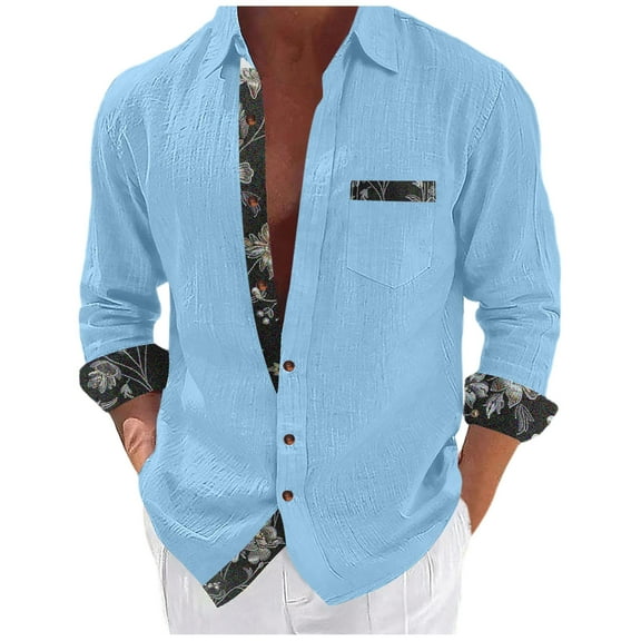 ZCFZJW Men's Button Down Dress Shirts Vintage Floral Patchwork Long Sleeve Casual Shirts Holiday Beach Hawaiian Shirts Vacation Wedding Shirts with Pocket Light Blue#02 XXXL