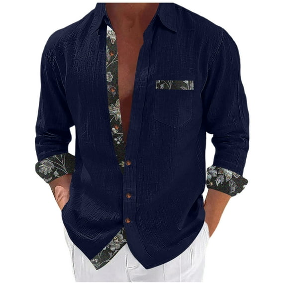 ZCFZJW Men's Button Down Dress Shirts Vintage Floral Patchwork Long Sleeve Casual Shirts Holiday Beach Hawaiian Shirts Vacation Wedding Shirts with Pocket Navy#02 S