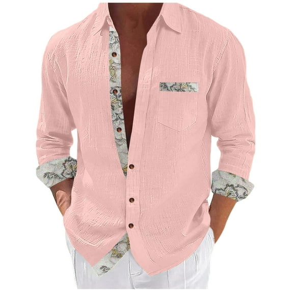 ZCFZJW Men's Button Down Dress Shirts Vintage Floral Patchwork Long Sleeve Casual Shirts Holiday Beach Hawaiian Shirts Vacation Wedding Shirts with Pocket Pink#07 M