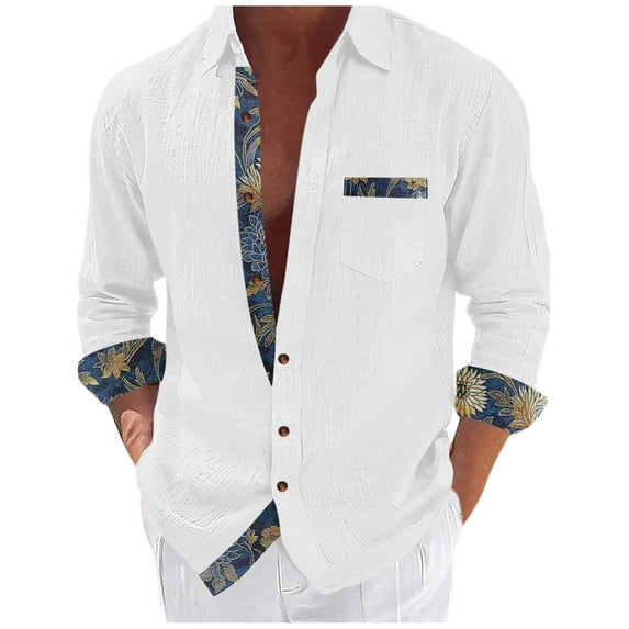 ZCFZJW Men's Button Down Dress Shirts Vintage Floral Patchwork Long Sleeve Casual Shirts Holiday Beach Hawaiian Shirts Vacation Wedding Shirts with Pocket White#10 XXXL