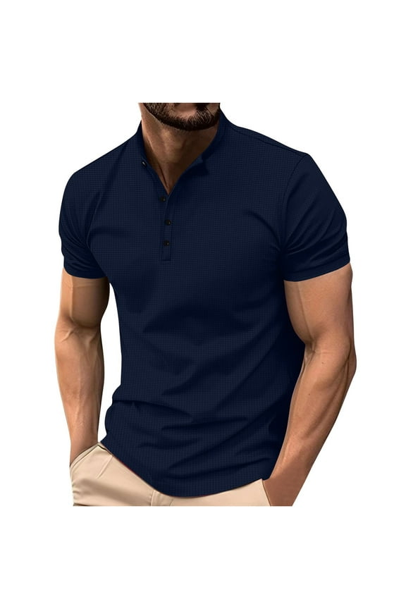 Men's Button up Polo Shirt Loose Lightweight Casual Solid Color Knit Short Sleeve Polo T Shirt Stand Collar V Neck Classic Fit Shirts Navy XXXL