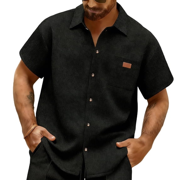 ZCFZJW Men's Button Down Waffle Knit Shirts Lightweight Casual Short Sleeve Cotton Textured Shirt Summer Beach Vacation Tees Tops with Pocket Black XL