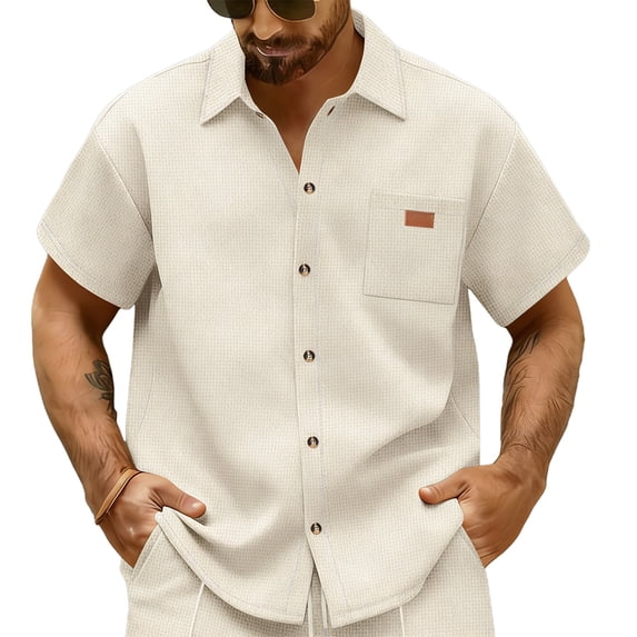 ZCFZJW Men's Button Down Waffle Knit Shirts Lightweight Casual Short Sleeve Cotton Textured Shirt Summer Beach Vacation Tees Tops with Pocket Khaki XXL