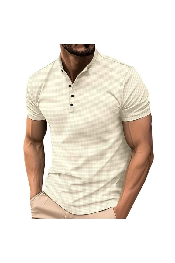 Men's Button up Polo Shirt Loose Lightweight Casual Solid Color Knit Short Sleeve Polo T Shirt Stand Collar V Neck Classic Fit Shirts Khaki XL