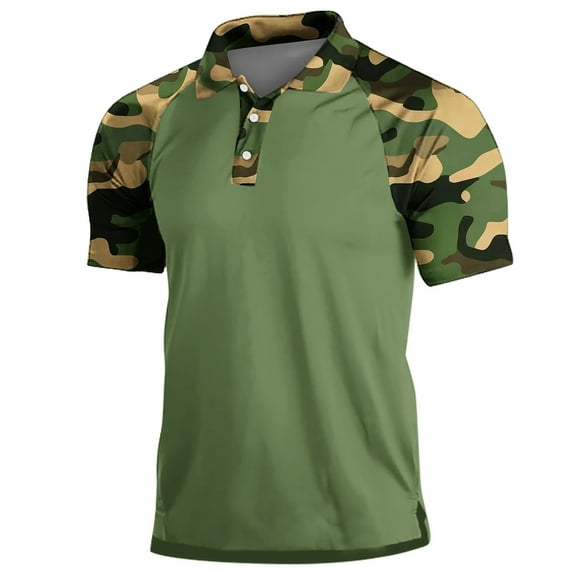 ZCFZJW Men's Camo Polo Golf Shirt Hiking Short Sleeve Side Slit T-Shirts Casual Summer Short Sleeve Button up V Neck Patchwork T Shirt Tops Army Green XXXL