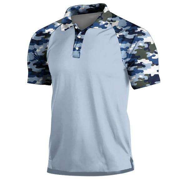 ZCFZJW Men's Camo Polo Golf Shirt Hiking Short Sleeve Side Slit T-Shirts Casual Summer Short Sleeve Button up V Neck Patchwork T Shirt Tops Blue M
