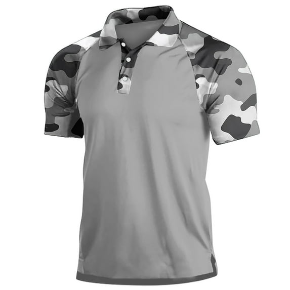 ZCFZJW Men's Camo Polo Golf Shirt Hiking Short Sleeve Side Slit T-Shirts Casual Summer Short Sleeve Button up V Neck Patchwork T Shirt Tops Gray XXL