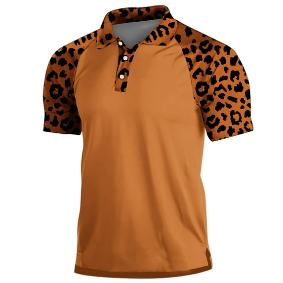 ZCFZJW Men's Camo Polo Golf Shirt Hiking Short Sleeve Side Slit T-Shirts Casual Summer Short Sleeve Button up V Neck Patchwork T Shirt Tops Orange L