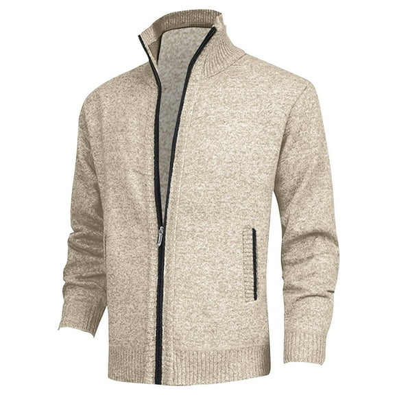 ZCFZJW Men's Cardigan Sweaters Casual Long Sleeve Full Zip Classic Fit Basic Sweaters Trendy Solid Color Knitted Jacket Tops with Pockets Khaki XXL