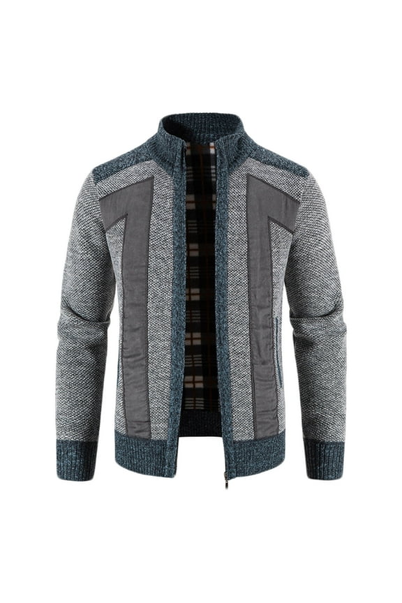 Men's Cardigan Sweaters Full Zip Up Stand Collar Slim Fit Casual Big and Tall Pacthwork Long Sleeve Knitted Sweater Jacket with 2 Front Pockets Gray XXXXL
