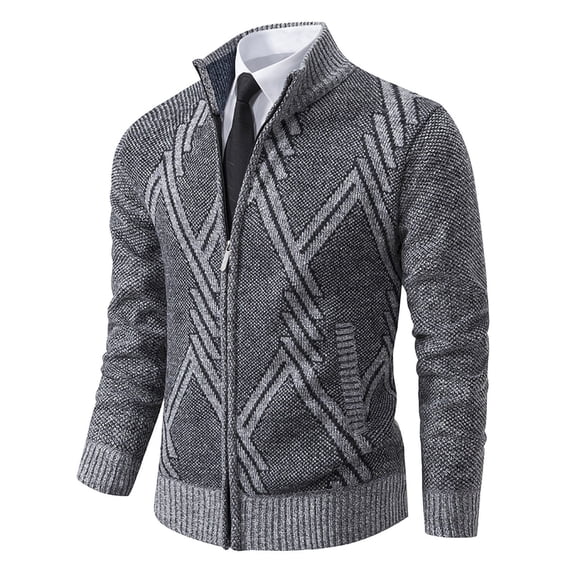 ZCFZJW Men's Cardigan Sweaters Full Zip Up Stand Collar Slim Fit Casual Big and Tall Retro Printed Long Sleeve Knitted Sweater with Pockets Gray M