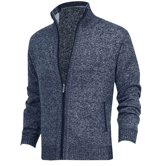 ZCFZJW Men's Cardigan Sweaters Full Zip Up Stand Collar Slim Fit Casual Jackets Trendy Knitted Pullover Sweater with 2 Front Pockets Navy L