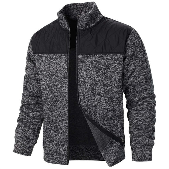 ZCFZJW Men's Cardigan Sweaters Full Zip Up Stand Collar Slim Fit Casual Long Sleeve Striped Color Block Knitted Sweater with Pockets M