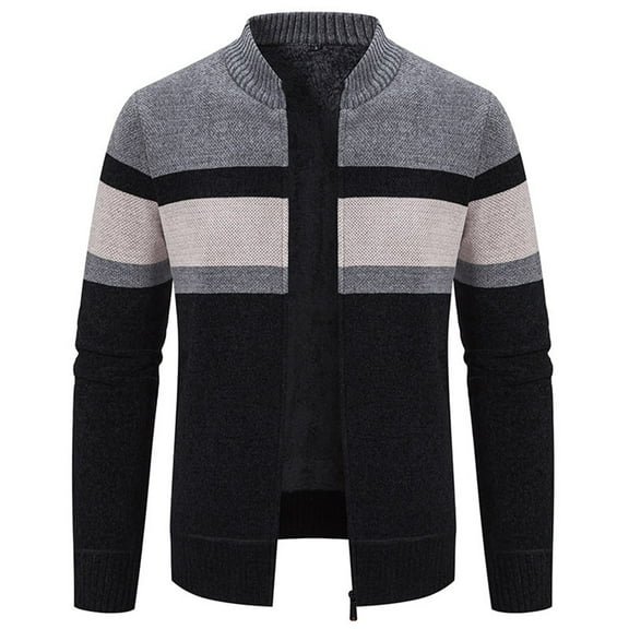 ZCFZJW Men's Cardigan Sweaters Full Zip Up Stand Collar Slim Fit Casual Striped Color Block Print Long Sleeve Knitted Sweater Tops Gray XXXL