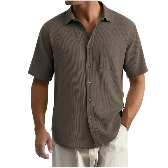 ZCFZJW Men's Casual Button Down Shirts Lightweight Short Sleeve Textured Summer Beach Vacation Tees Shirt Tops with Pockets Brown XL