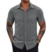 ZCFZJW Men's Casual Button Down Shirts Stretch Short Sleeve Business Dress Shirt with Pocket Trendy Holiday Vacation Beach T-Shirt Tops Gray S