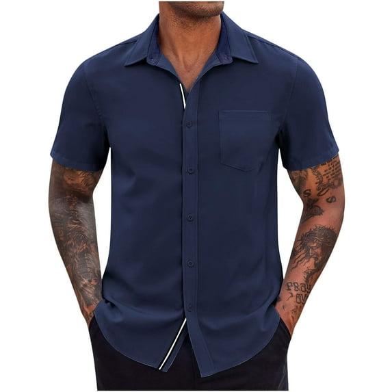 ZCFZJW Men's Casual Button Down Shirts Stretch Short Sleeve Business Dress Shirt with Pocket Trendy Holiday Vacation Beach T-Shirt Tops Navy S