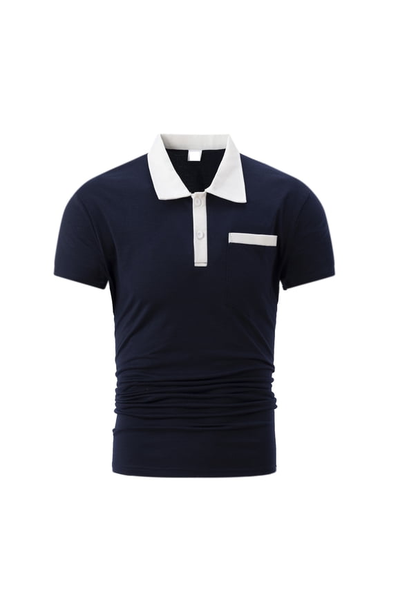 Men's Casual Button up Polo Shirt Casual Solid Color Short Sleeve Polo Business T Shirt Tops Lightweight Classic Slim Fit Shirts with Pockets Navy XXXL
