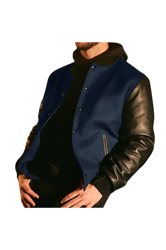 Men's Casual Color-Block Patches Full Button up Long Sleeve Cardigan Outwear Coat PU Leather Varsity Bomber Jacket with Pockets Navy L