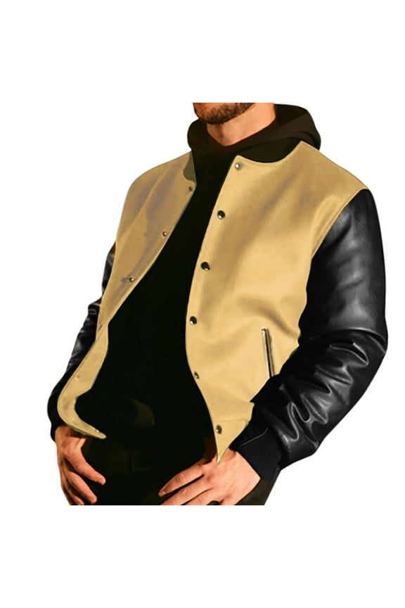 Men's Casual Color-Block Patches Full Button up Long Sleeve Cardigan Outwear Coat PU Leather Varsity Bomber Jacket with Pockets Yellow XL