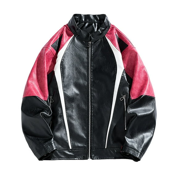 ZCFZJW Men's Casual Faux Leather Jacket Stand Collar Zip-up Biker Motorcycle Jackets Long Sleeve Color Patchwork Outwear Coat with Zipper Pockets Red XXL