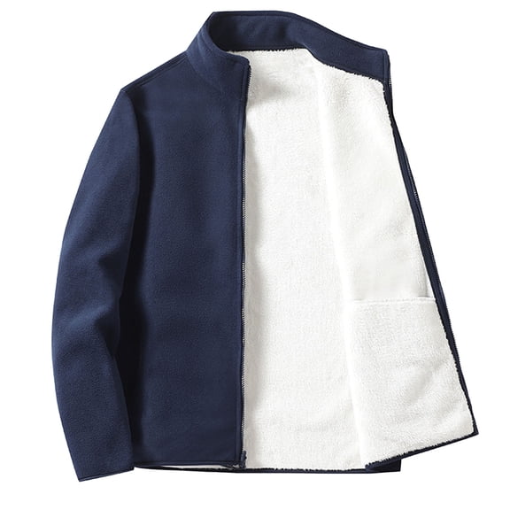ZCFZJW Men's Casual Fleece Jacket With Inner Casing Plush Warm Lined Long Sleeve Pocket Solid Color Bottoming Cardigan Coat Outwear Z#01-Dark Blue L