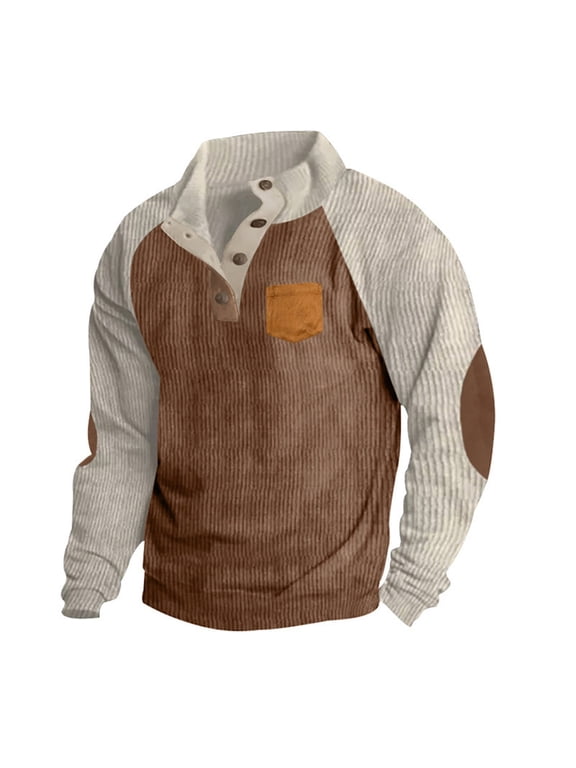 Men's Casual Henley Pullover Corduroy Polo Sweatshirt Thermal Elbow Patch Long Sleeve Stand Collar Button Up Mock Neck Loose Regular Fit Sweater Jacket Brown L