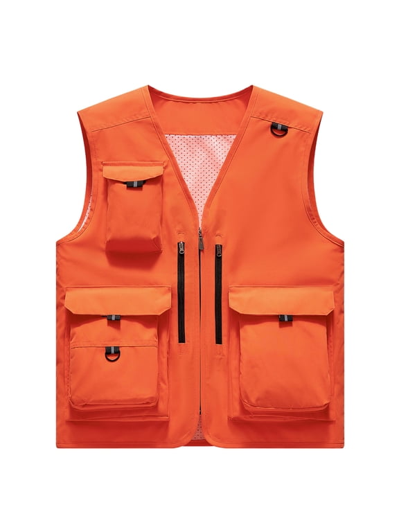 Men's Casual Lightweight Outdoor Fishing Vest Work Safari Travel Photo Hunting Camping Cargo Vest Jacket with Multi Pockets Orange XXXXL