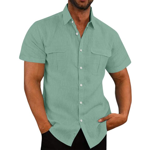 ZCFZJW Men's Casual Linen Button Down Shirt Short Sleeve Beach Shirt Solid Color Regular Fit Lightweight Holiday Vacation Tops with Double Front Pockets Mint Green XL