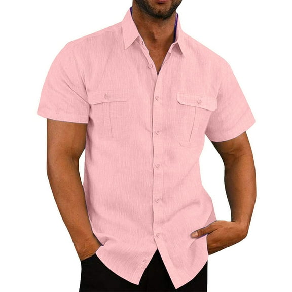 ZCFZJW Men's Casual Linen Button Down Shirt Short Sleeve Beach Shirt Solid Color Regular Fit Lightweight Holiday Vacation Tops with Double Front Pockets Pink XL
