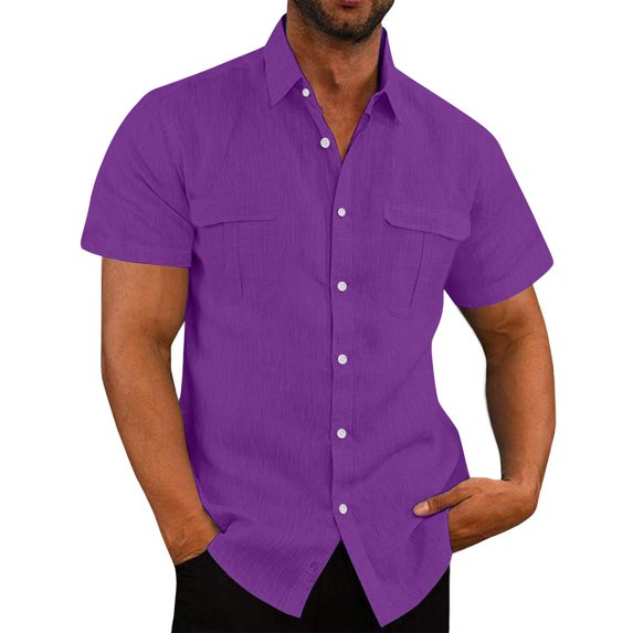 ZCFZJW Men's Casual Linen Button Down Shirt Short Sleeve Beach Shirt Solid Color Regular Fit Lightweight Holiday Vacation Tops with Double Front Pockets Purple M