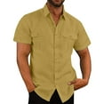 thumbnail image 1 of ZCFZJW Men's Casual Linen Button Down Shirt Short Sleeve Beach Shirt Solid Color Regular Fit Lightweight Holiday Vacation Tops with Double Front Pockets Yellow XXXL, 1 of 9